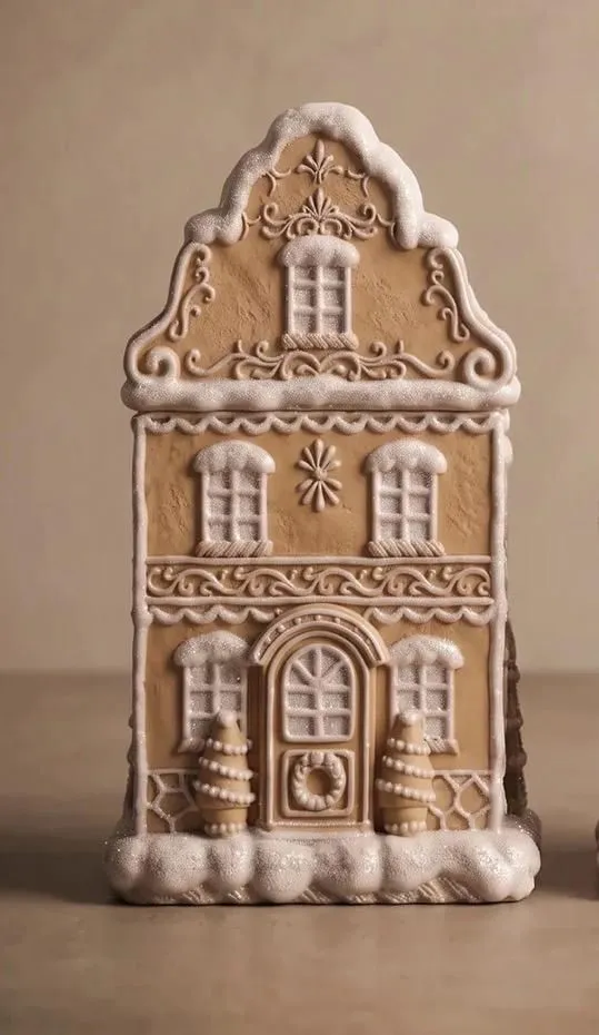 Intricately decorated gingerbread-style candle house