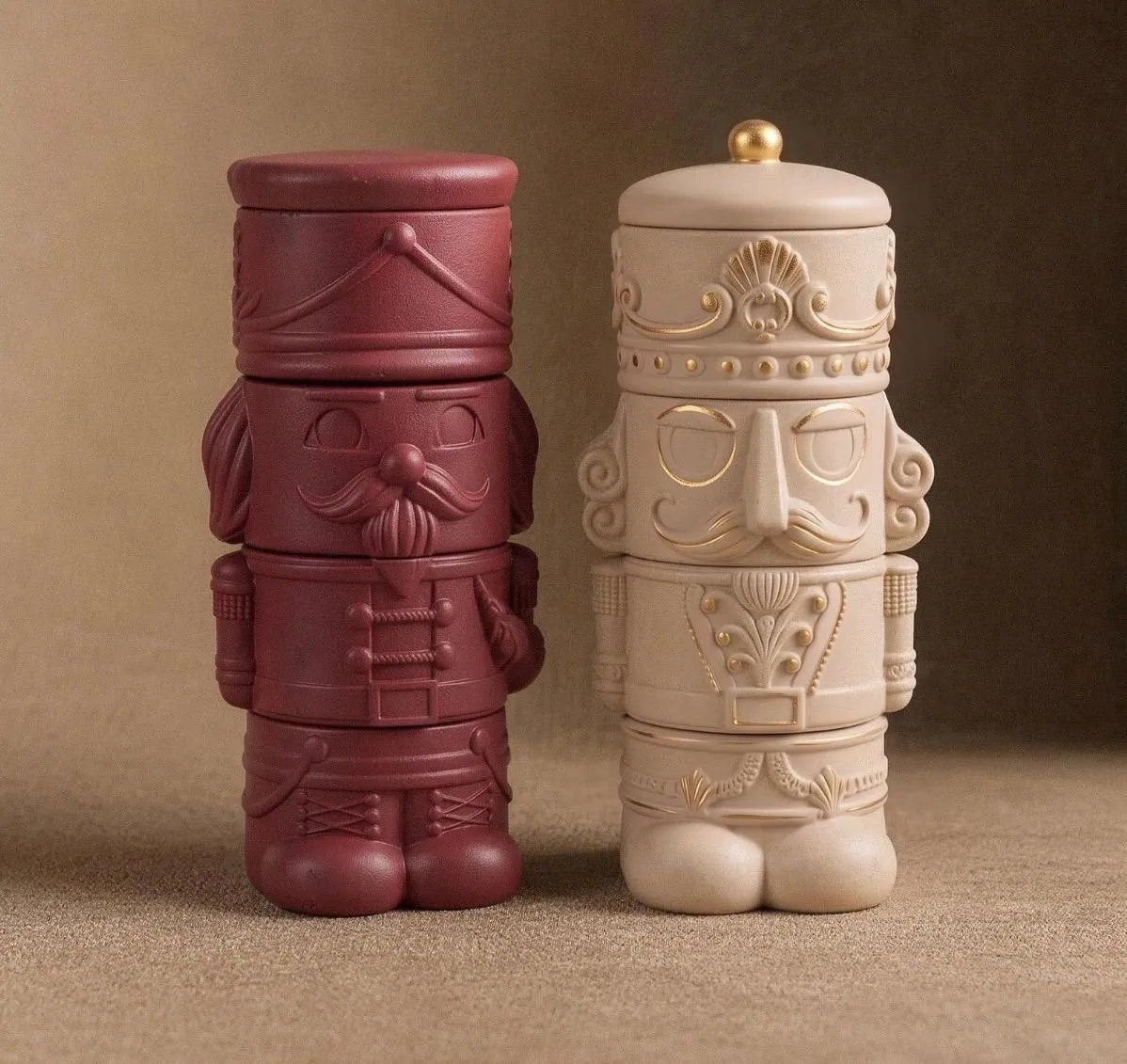 Nutcracker soldier candle duo with intricate sculpted details