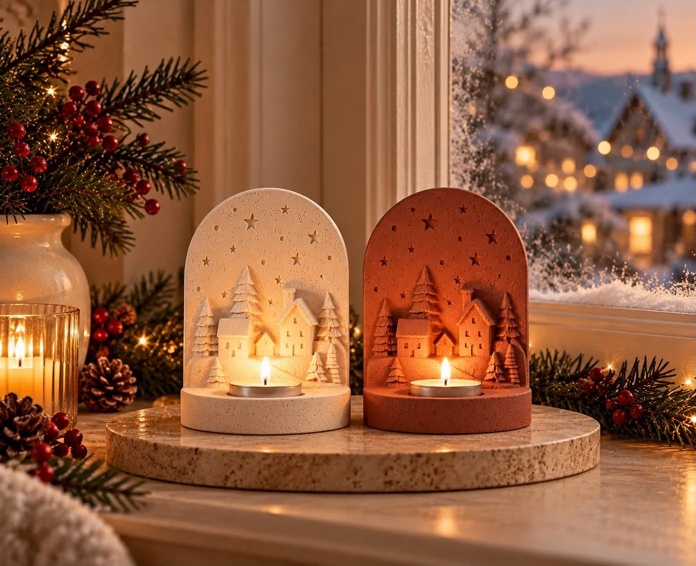 Cream and terracotta village tealight holders with candles glowing